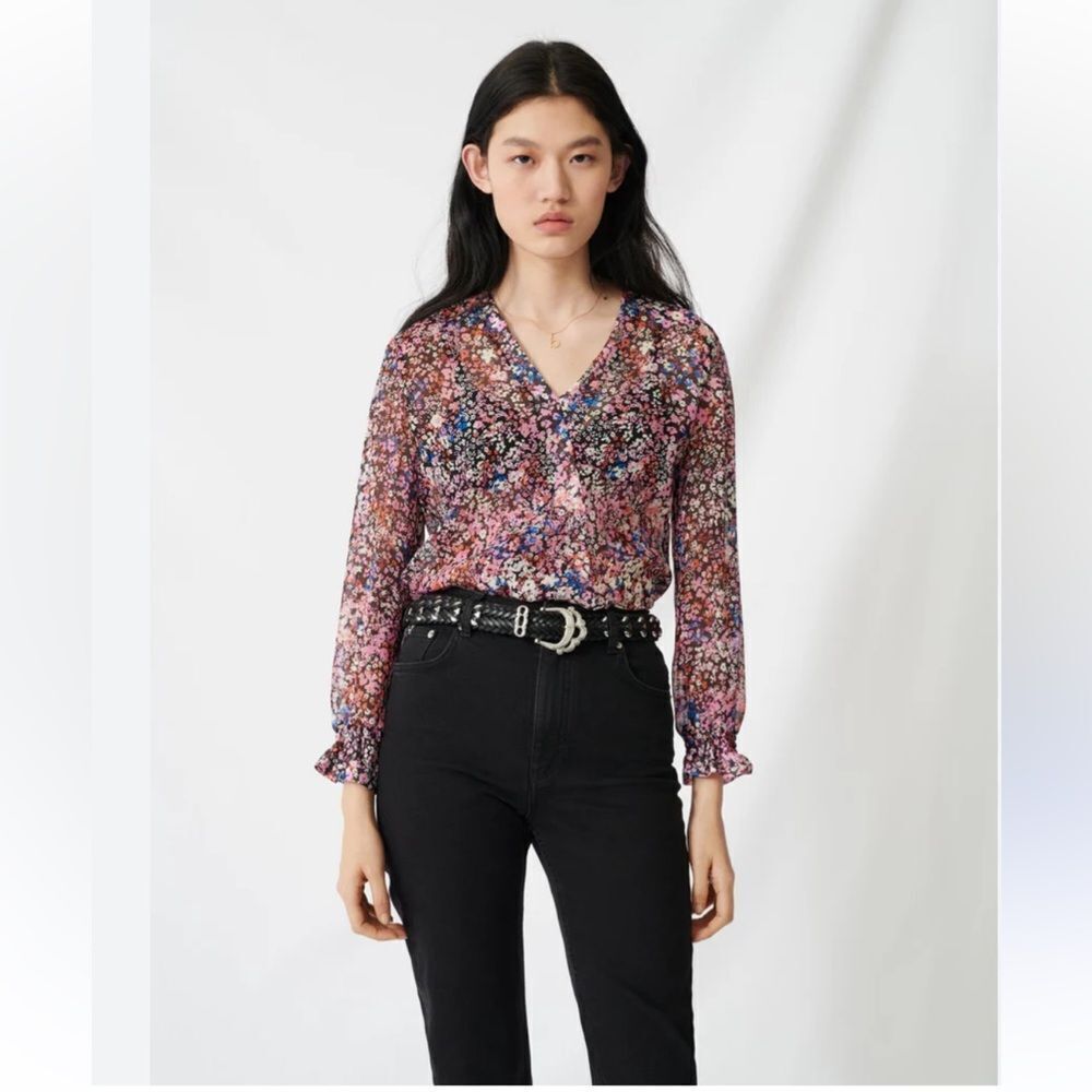 Maje 100% Silk Lehane Pink Floral Sheer Long Sleeve Blouse Top Size S (1) Nwt